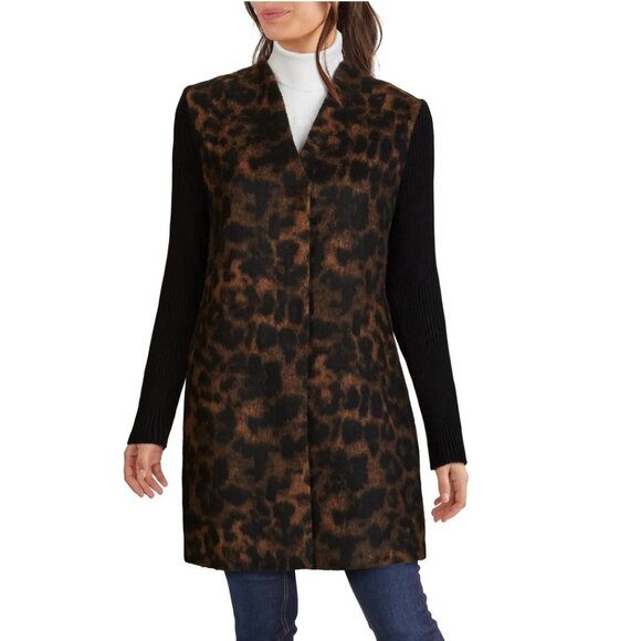 KENNETH COLE NEW YORK Rib Sleeve Leopard Coat M - Picture 1 of 11